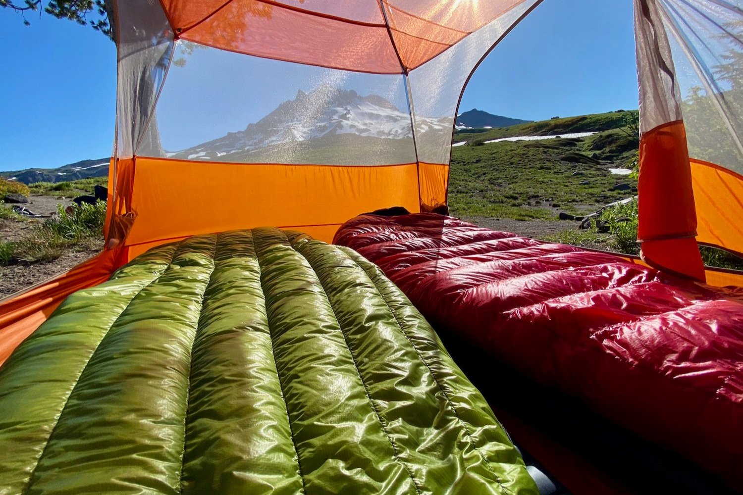 The Western Mountaineering UltraLite Sleeping Bag inside of a backpacking tent on the Timberline Trail