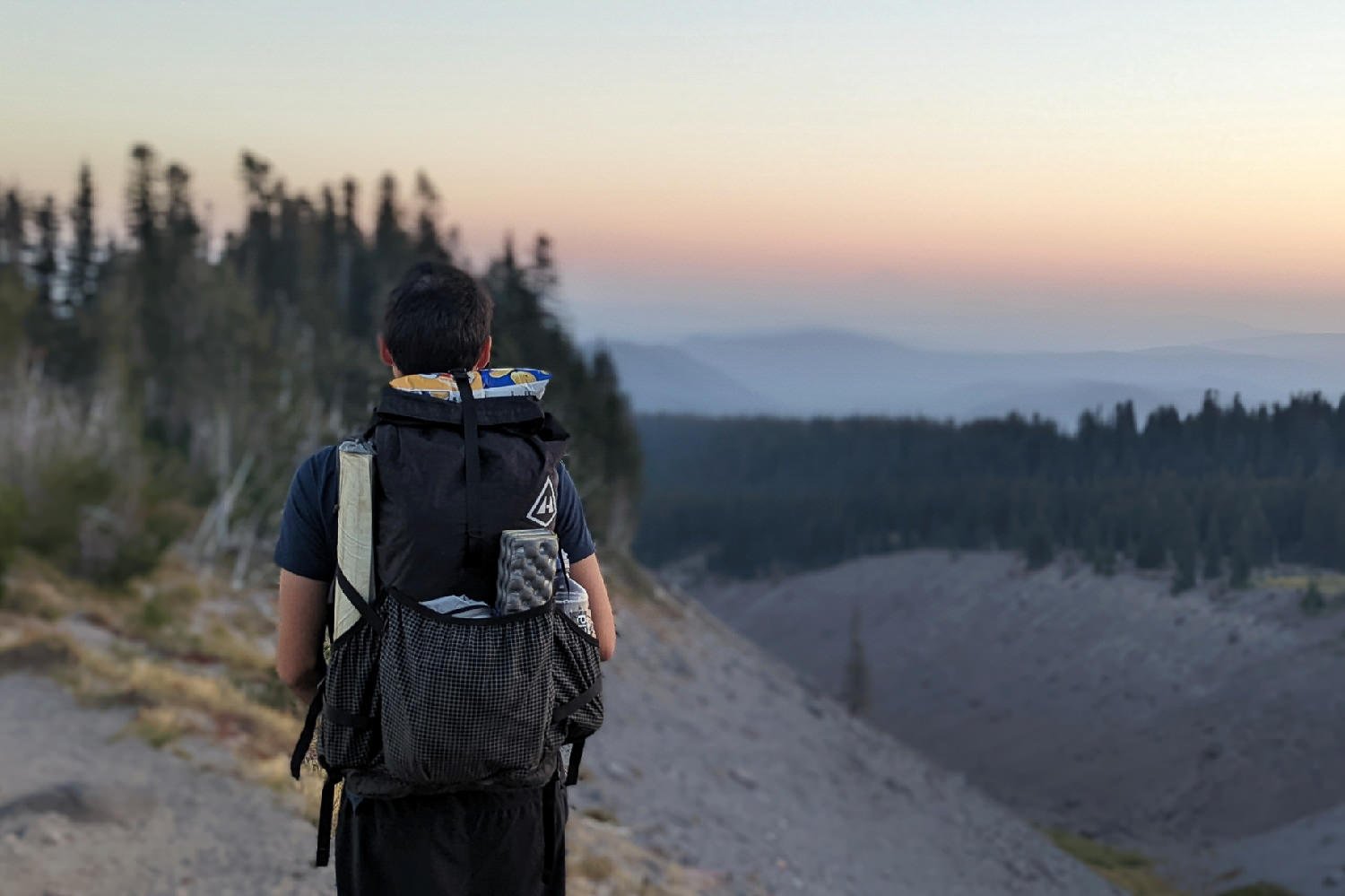 Closeup of a hiker wearing the HMG Southwest backpack on the Timberline Trail