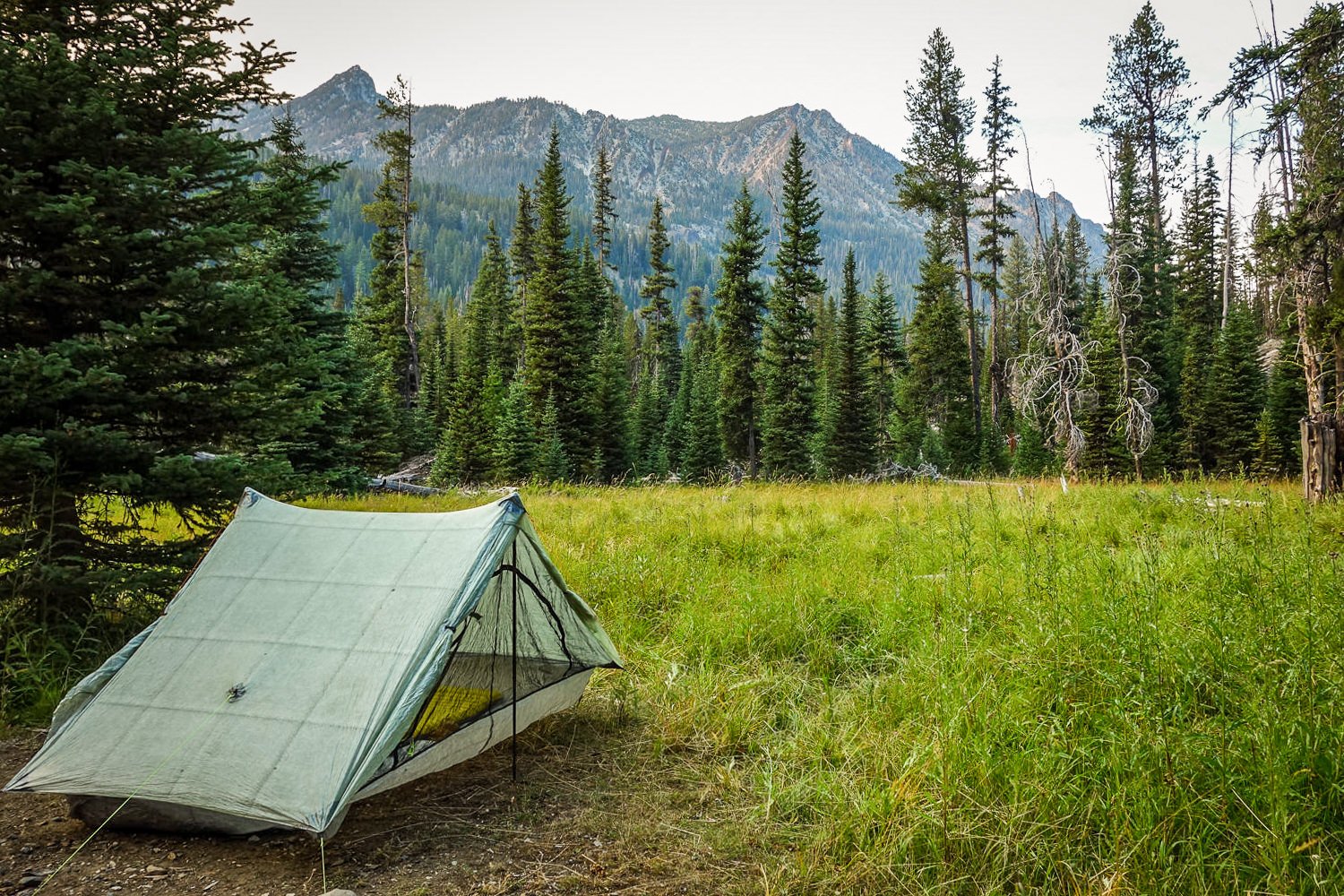 The Zpacks Duplex backpacking tent in a meadow in the Wallowa Mountains.