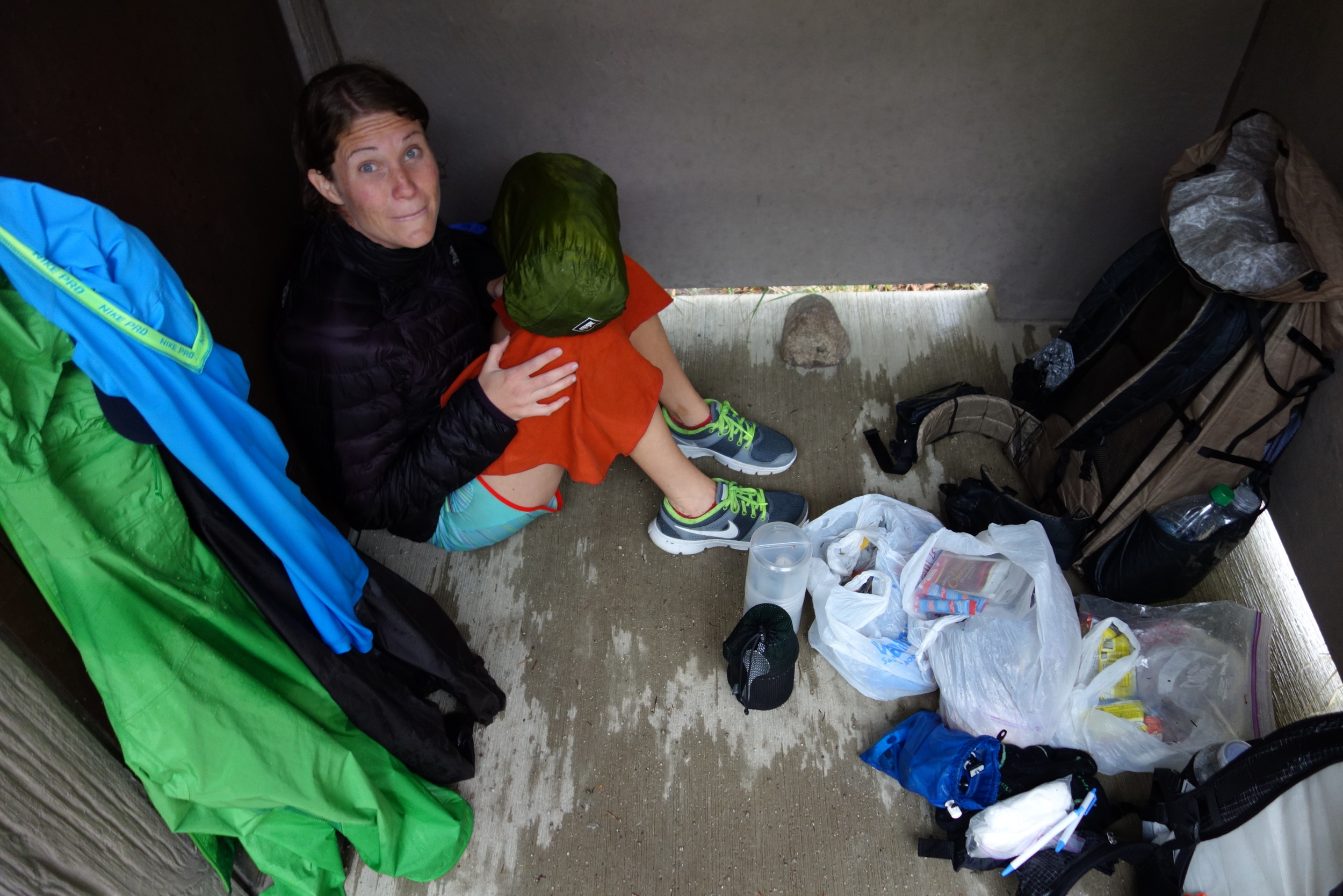 seeking shelter in a toilet