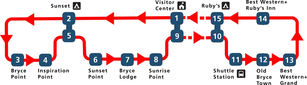 Map of bryce canyon shuttle (not pictured: map of rainbow point shuttle) - provided by www.nps.gov/brca/planyourvisit/shuttle.htm