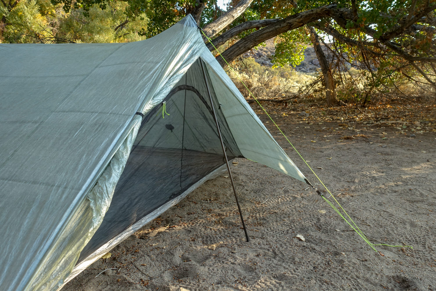 the door and trekking pole used to stake the triplex tent by zpacks