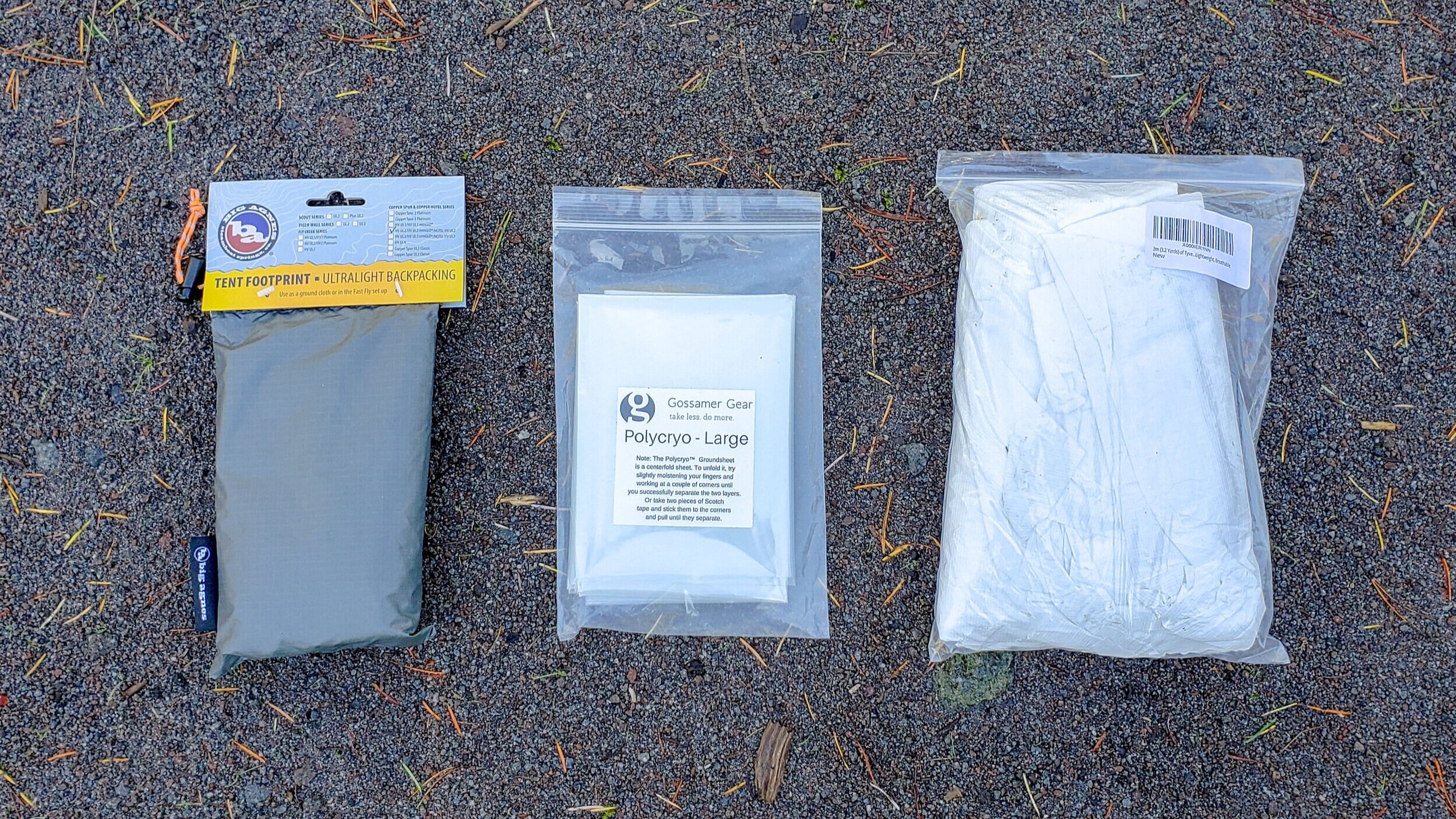 Left to right: tent footprint for copper spur, Polycryo, & Tyvek
