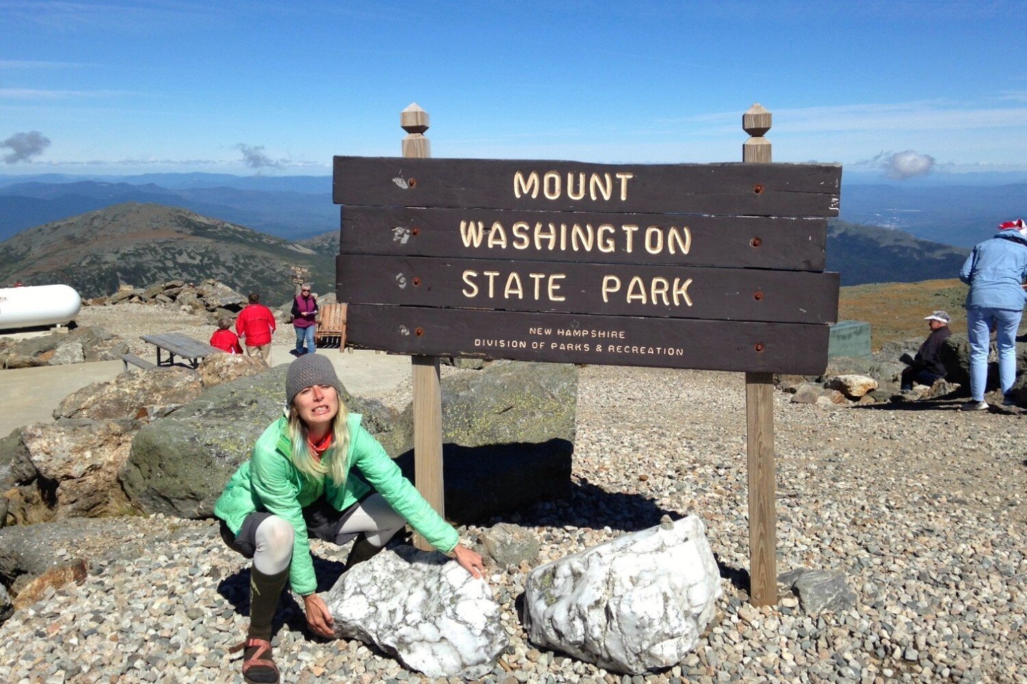 At the summit of Mt. Washington in the White Mountains of New Hampshire.