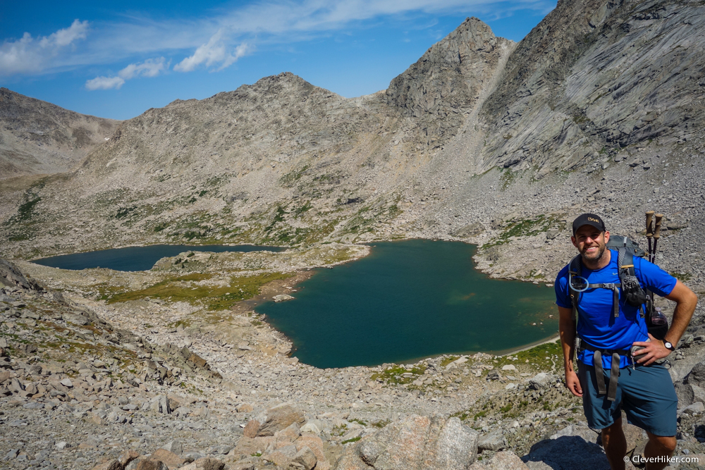  Dave hiking up Texas Pass with Texas Lake and Barren Lake in the background.  