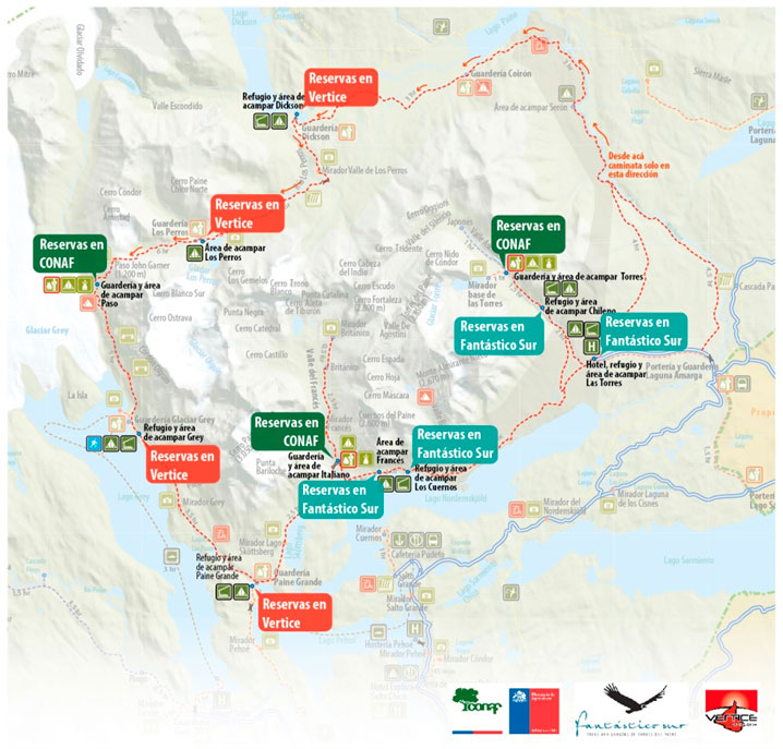 Map of campsites and reservation agency - map from www.parquetorresdelpaine.cl