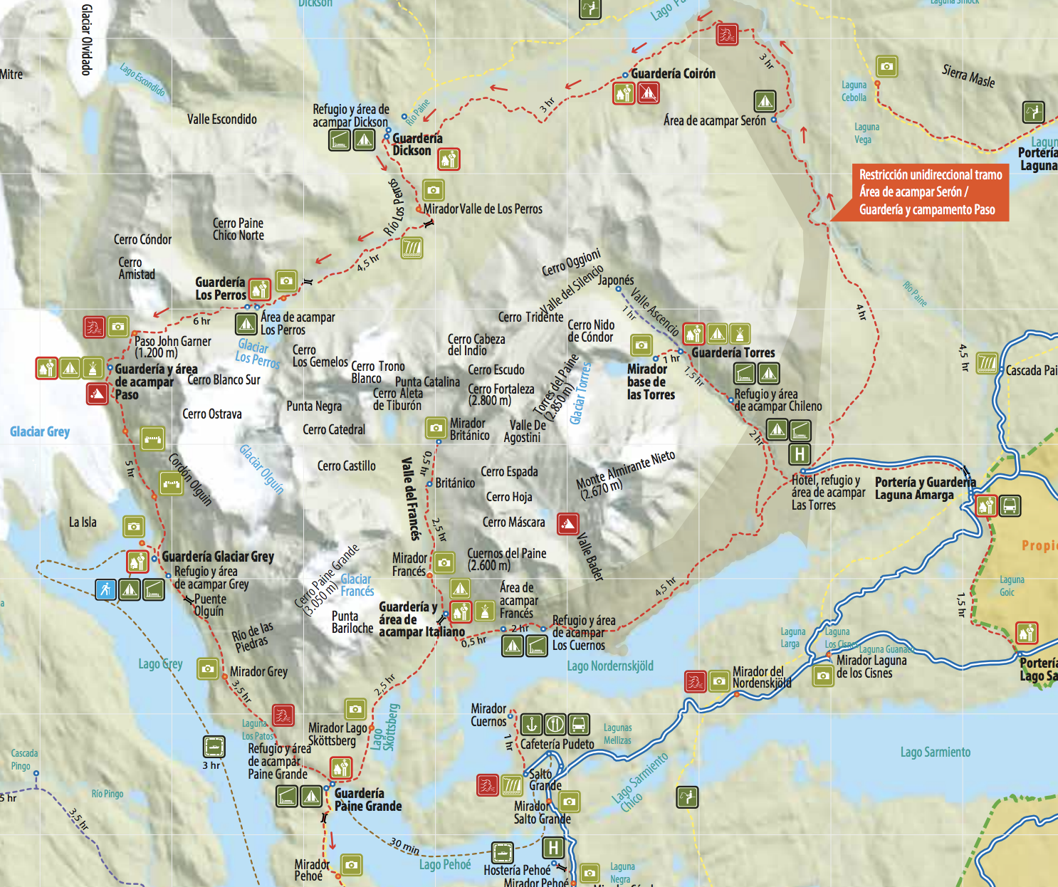 Map of torres del paine national park - image from torresdelpaine.com