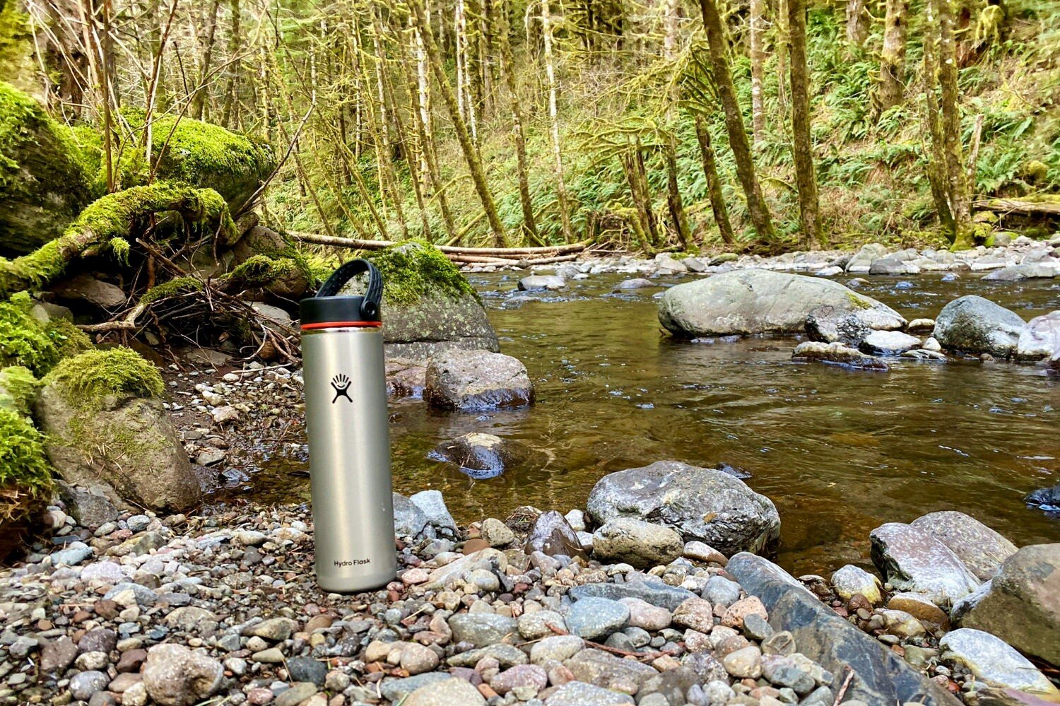 Taking the Hydro Flask Lightweight Trail Series Wide Mouth Vacuum Insulated Water Bottle on a dayhike along a creek.jpeg
