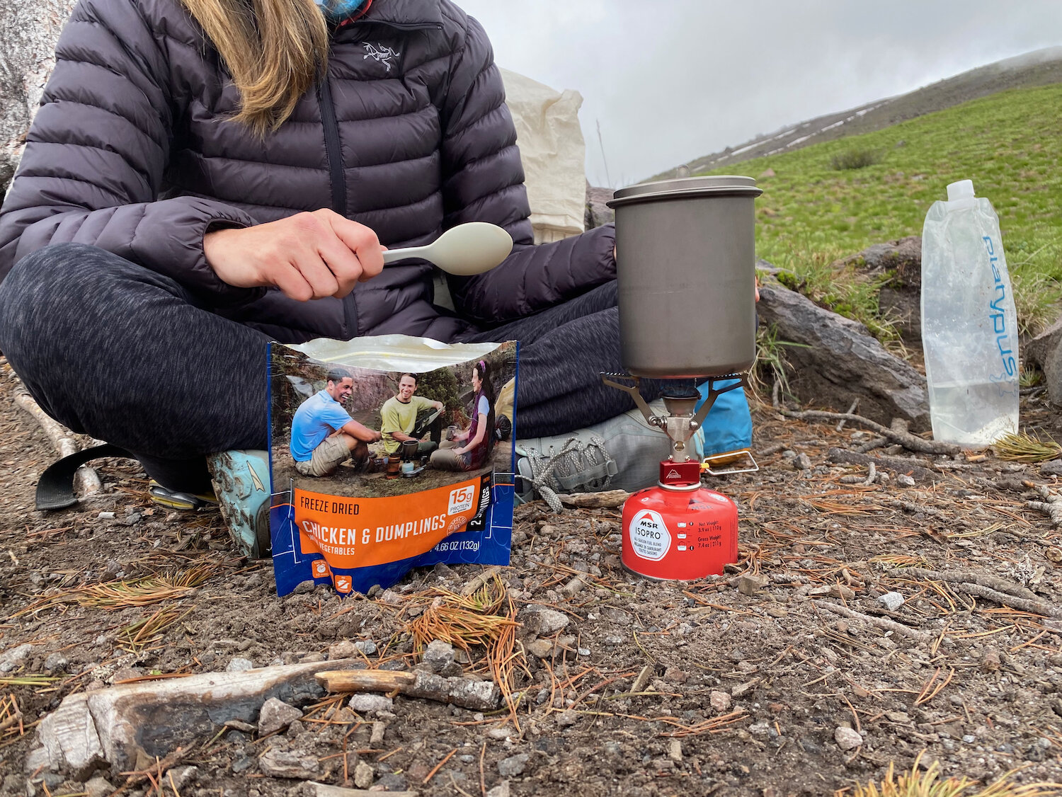 Boiling water for a freeze-dried meal in our favorite cookpot, the Snow Peak Mini Solo.