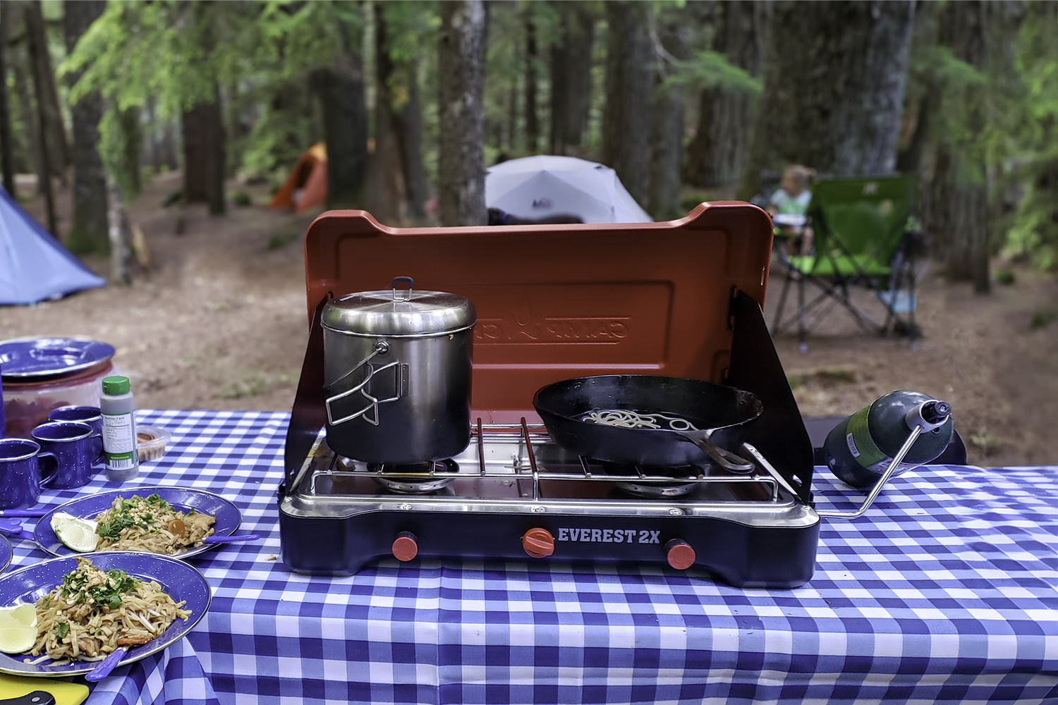The Camp Chef Everest 2x camping stove and plates of pad Thai on a table with a blue checkered tablecloth with a forested camping scene in the background