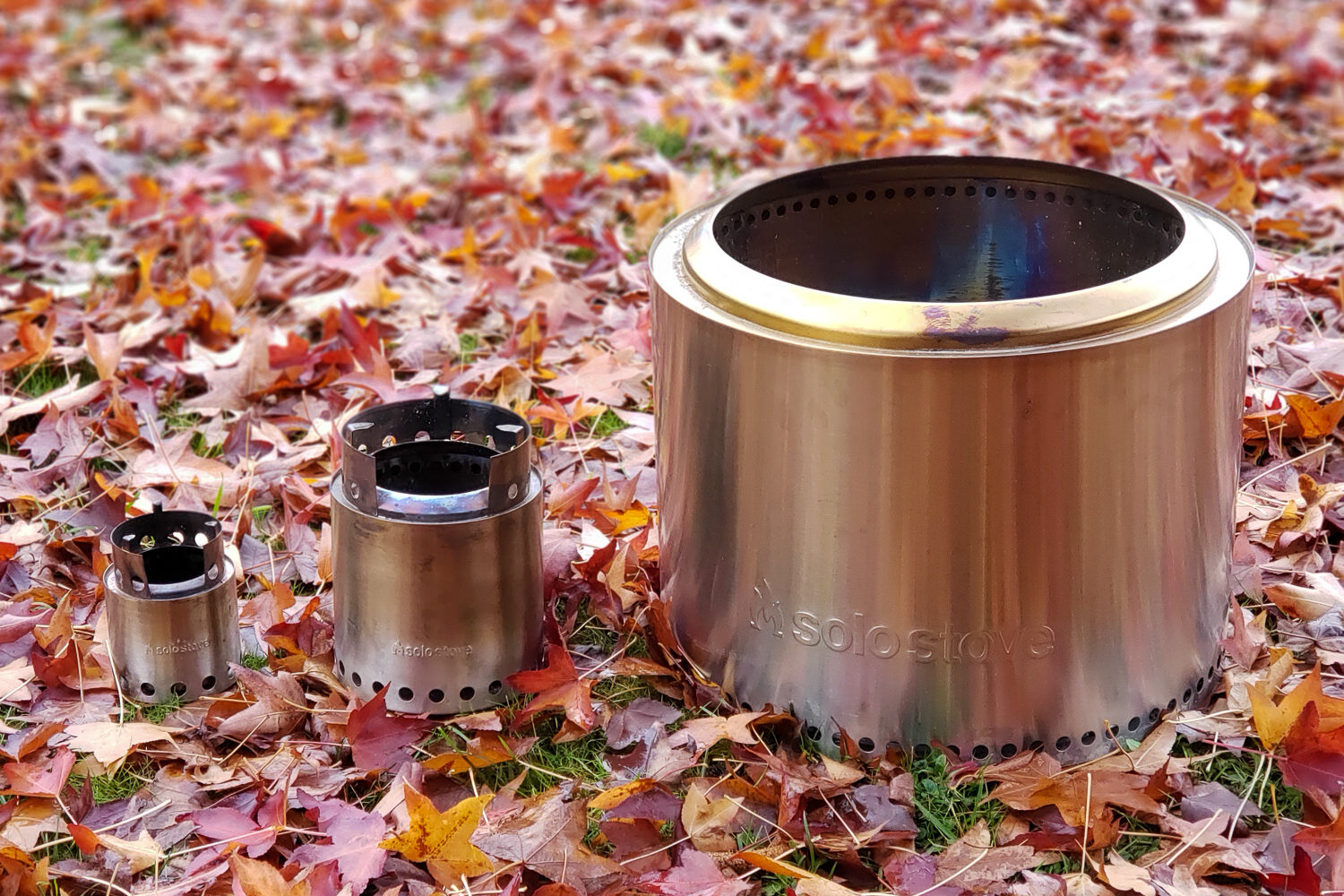 From left to right: Solo Stove Lite, Solo Stove Campfire, and Solo Stove Bonfire.