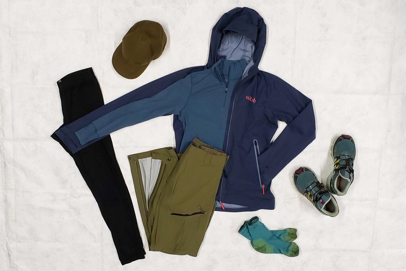 Typical clothing for a wet fall hike.
