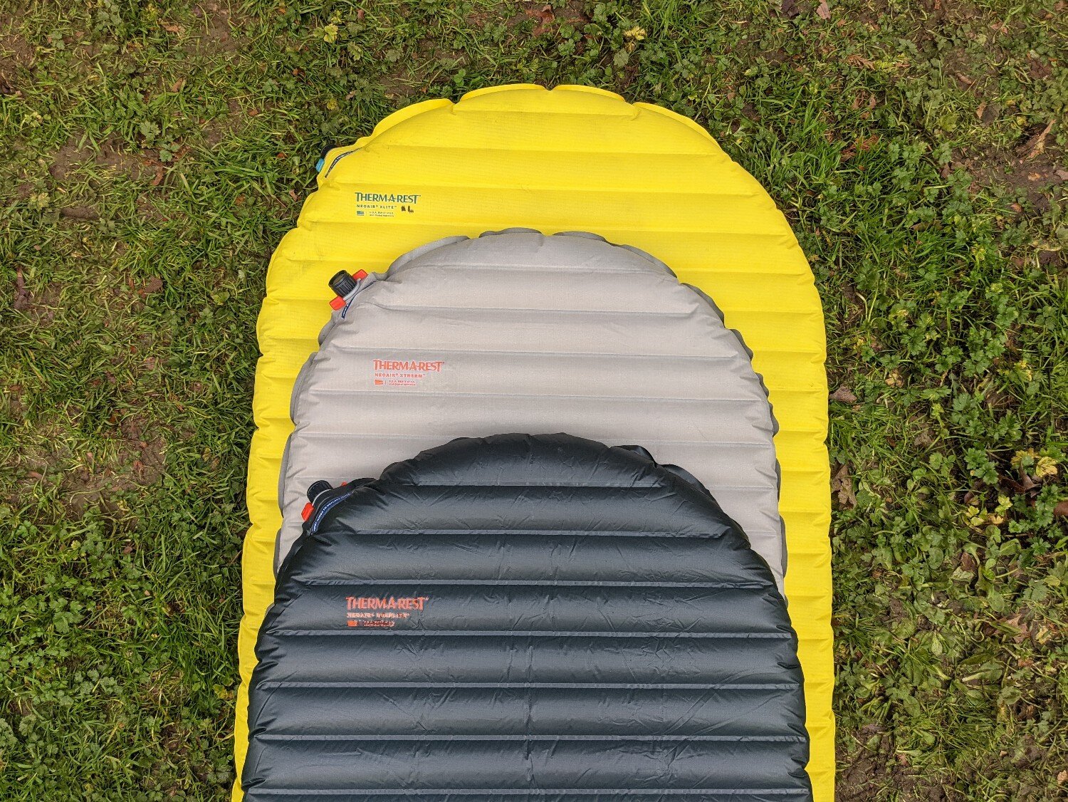 Comparing the The Therm-a-Rest Uberlite (top), Therm-a-Rest Xtherm (Middle), and Therm-a-Rest XLite (Bottom, reg/wide size))