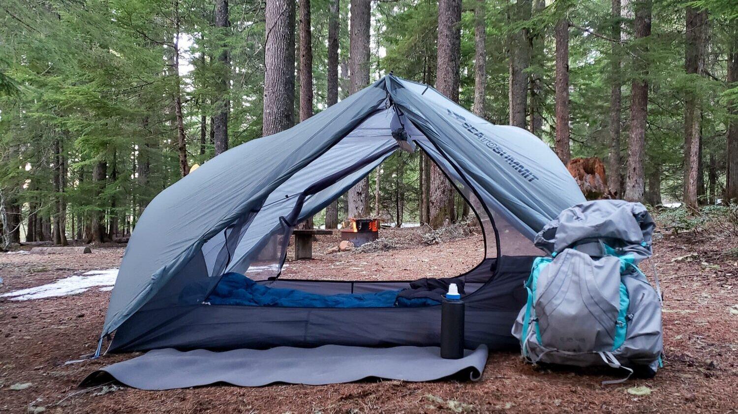 The Sea to Summit Telos TR2 backpacking tent set up in a campground