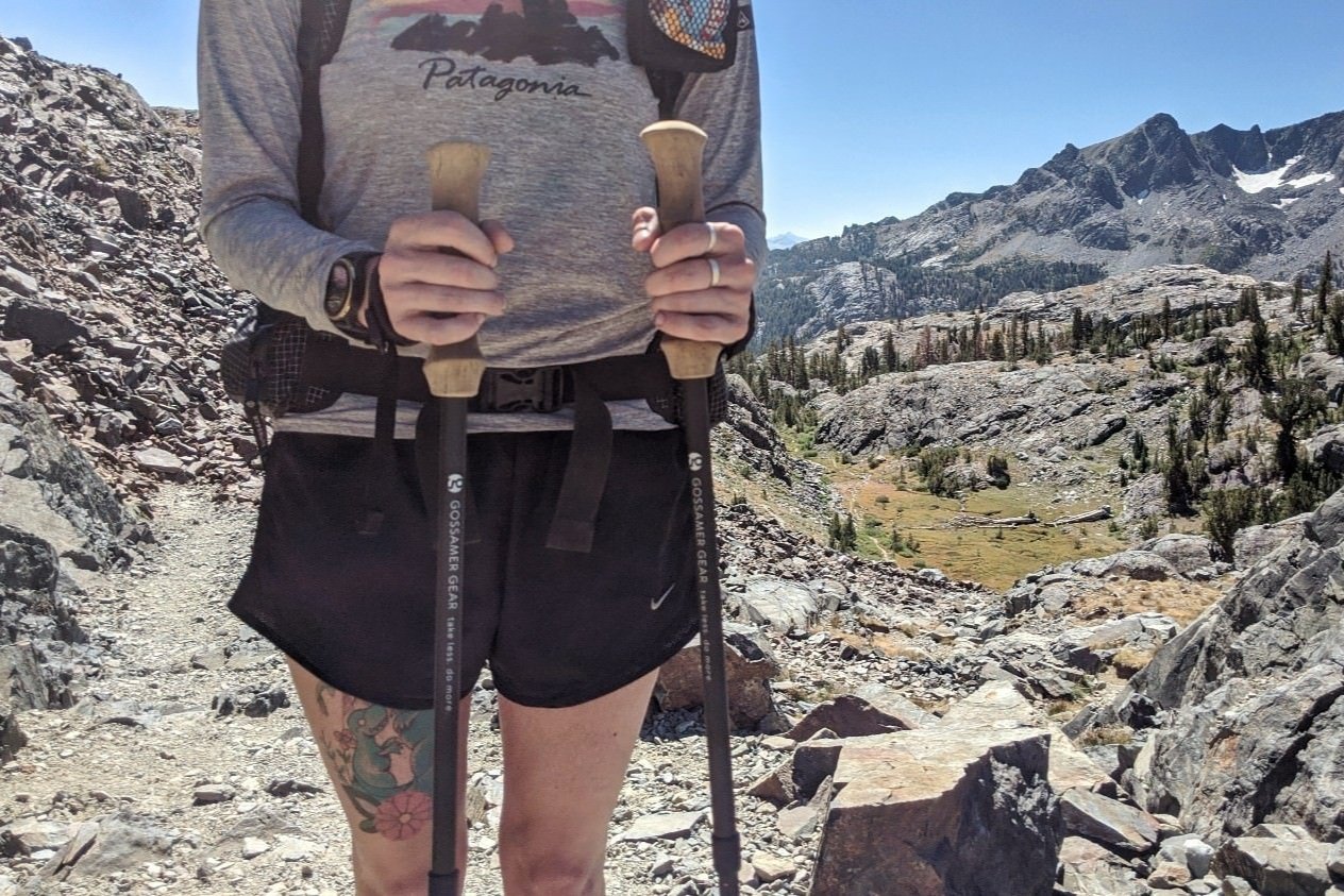 A close up of a hiker holding trekking poles in front of a mountain view