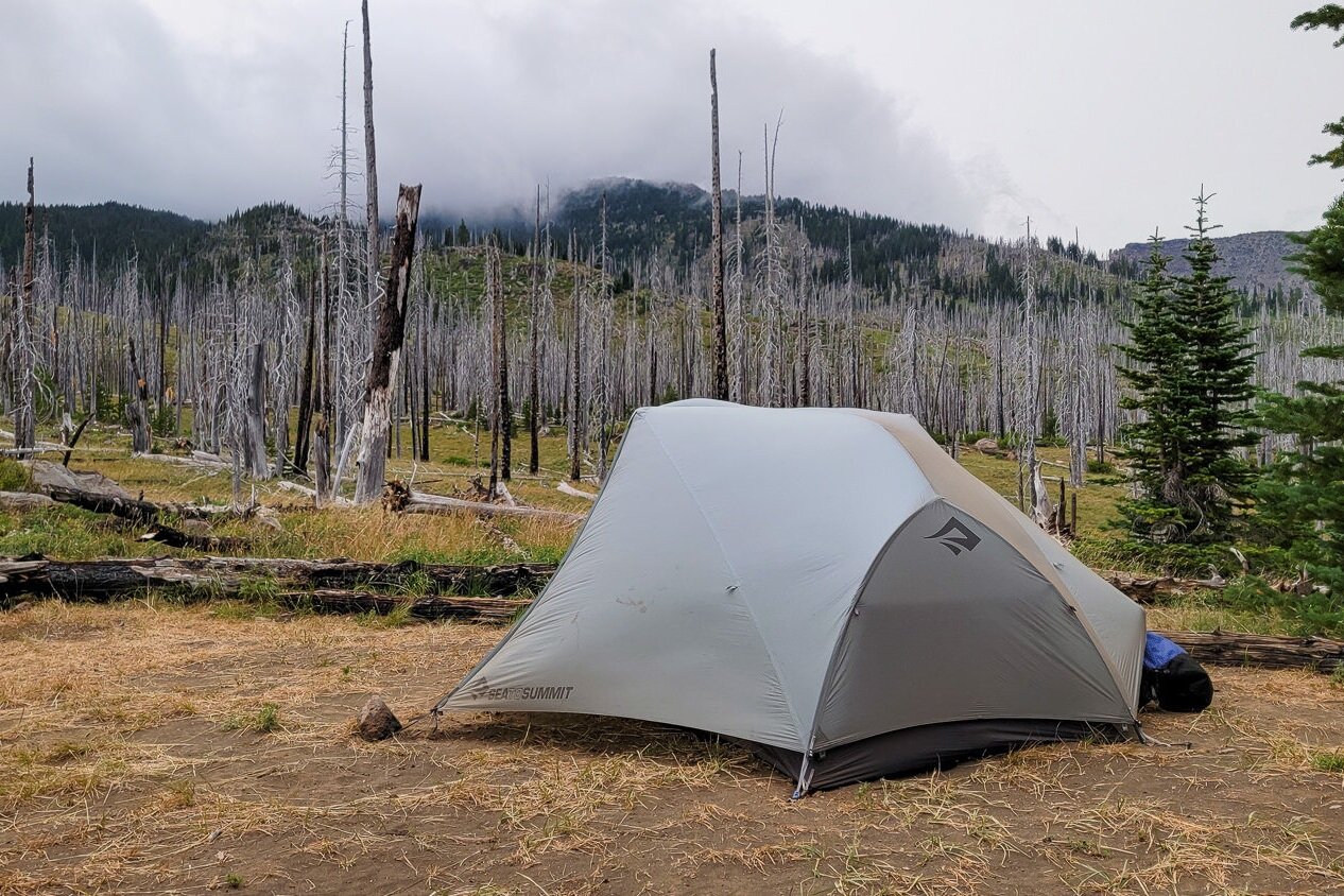 The Sea to Summit Telos TR2 holds up well in high winds & feels spacious for a single hiker with a dog & gear