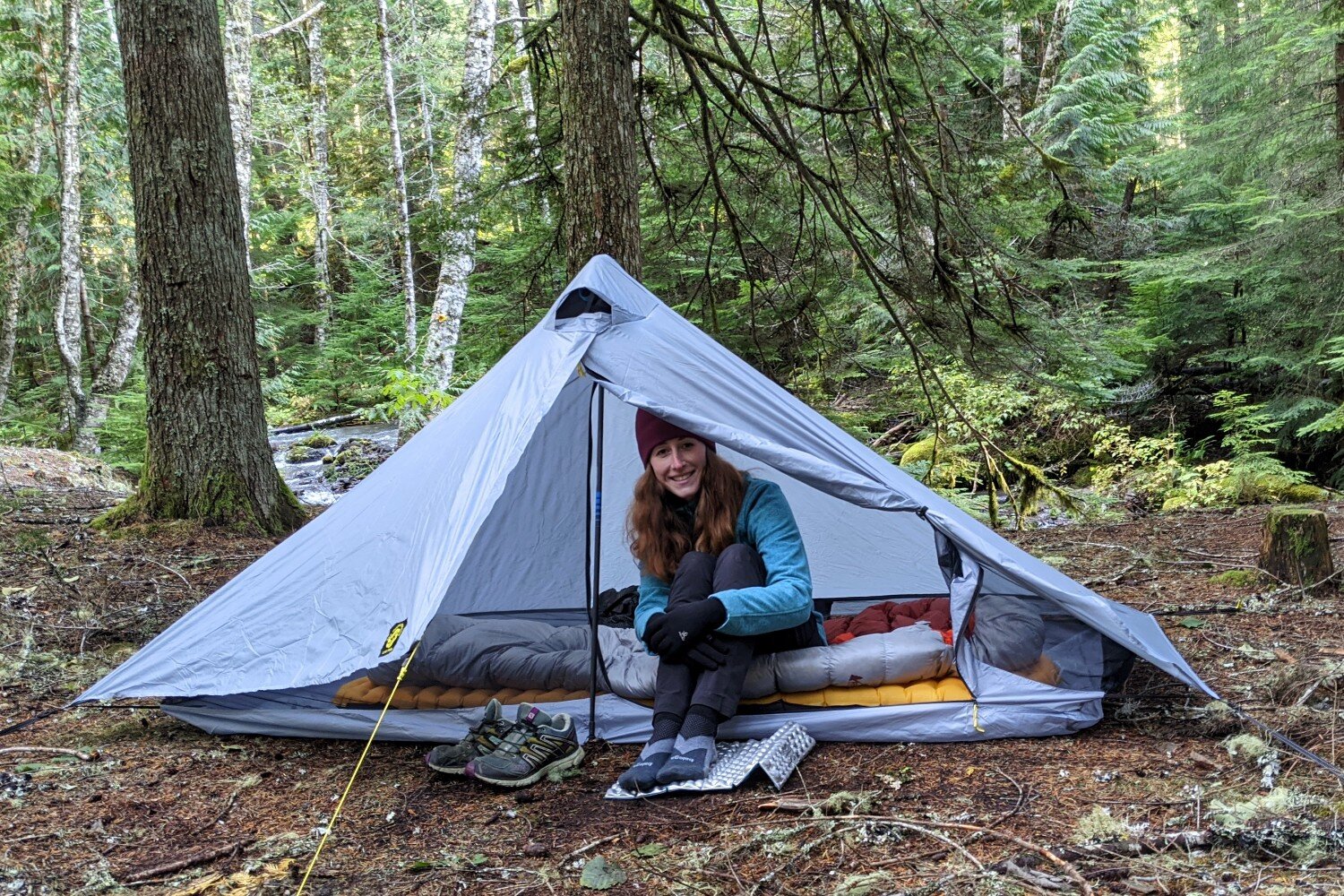 There’s only enough room to sit up comfortably in the center of the tent