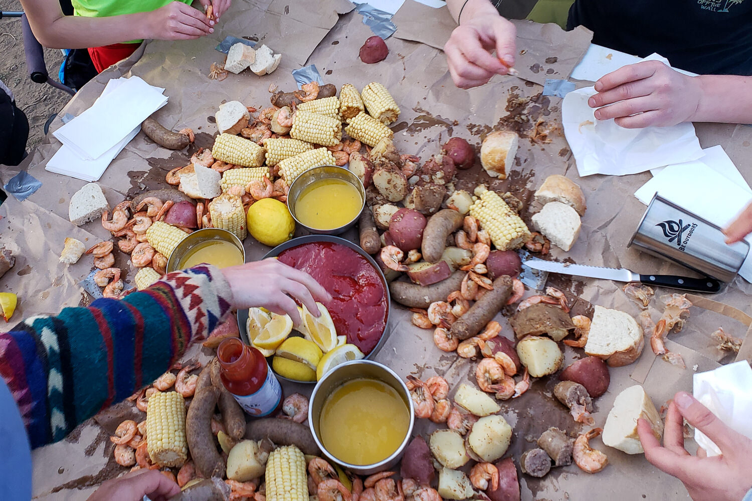 pour your low boil on to a table covered in butcher paper so everyone can dig in for a memoriable experience