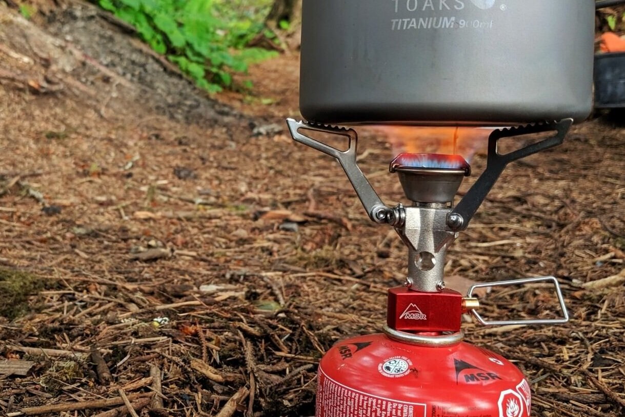 A closeup of the MSR Pocket Rocket 2 with a Toaks pot on top