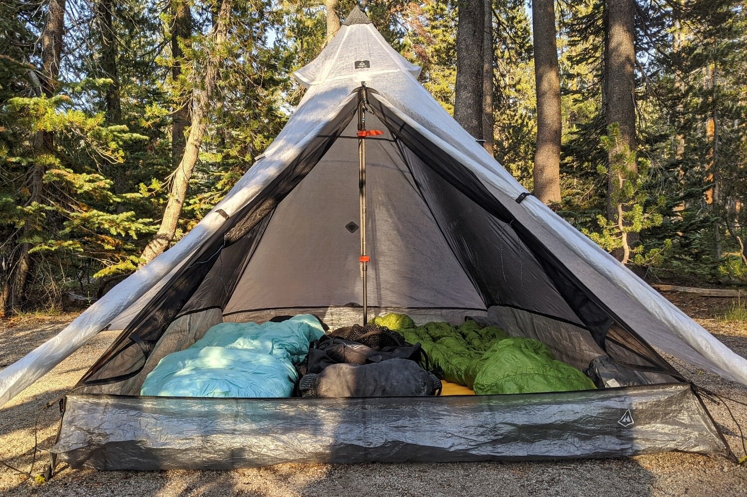 The Hyperlite Mountain Gear Ultamid 2 set up using the Gossamer Gear LT5 trekking poles as the center pole