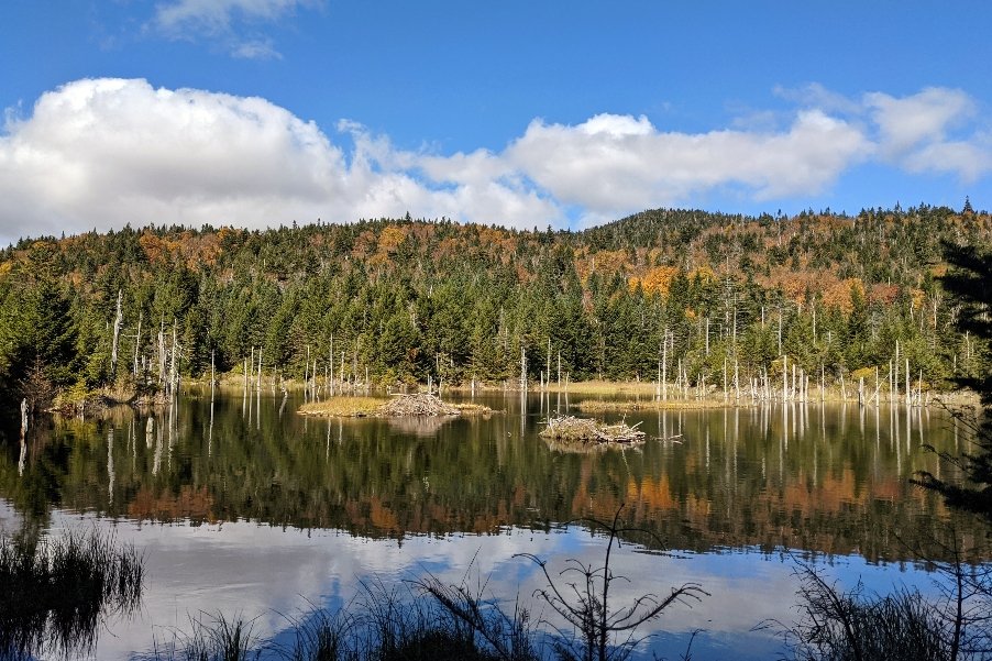 The sky and some mountains being reflected in a lake on the Long Trail