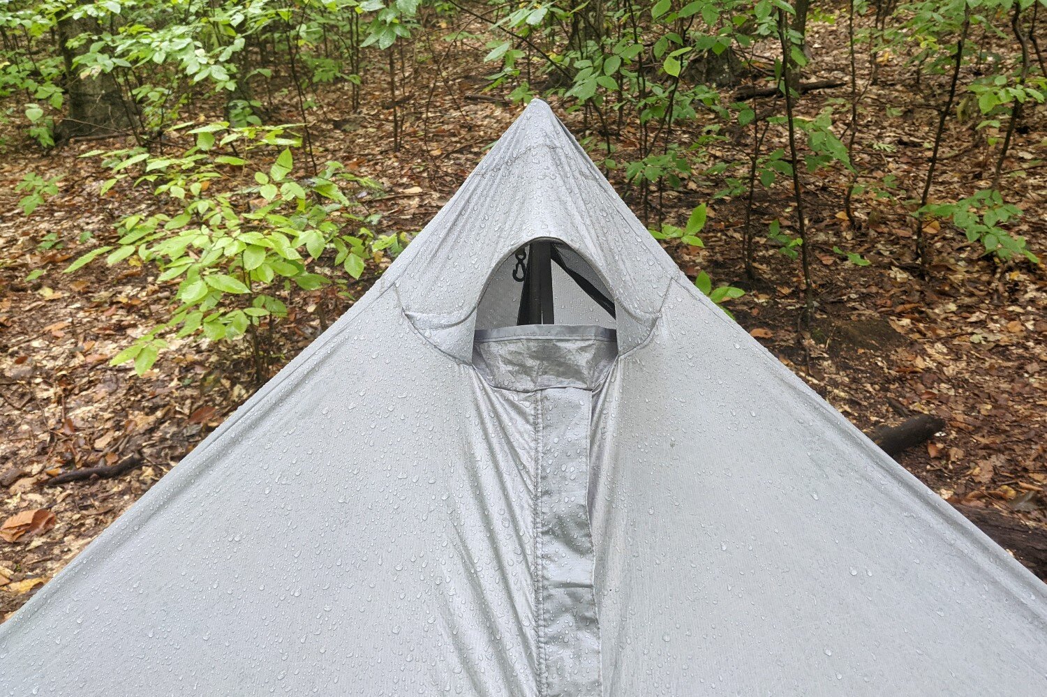 the peak of the six moon designs lunar solo tent showing how moisture can vent out