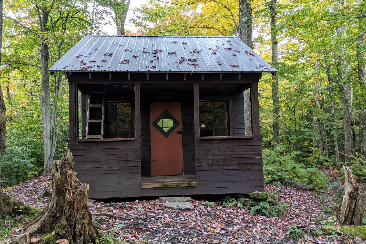 A Long Trail shelter that looks like a little house in the woods