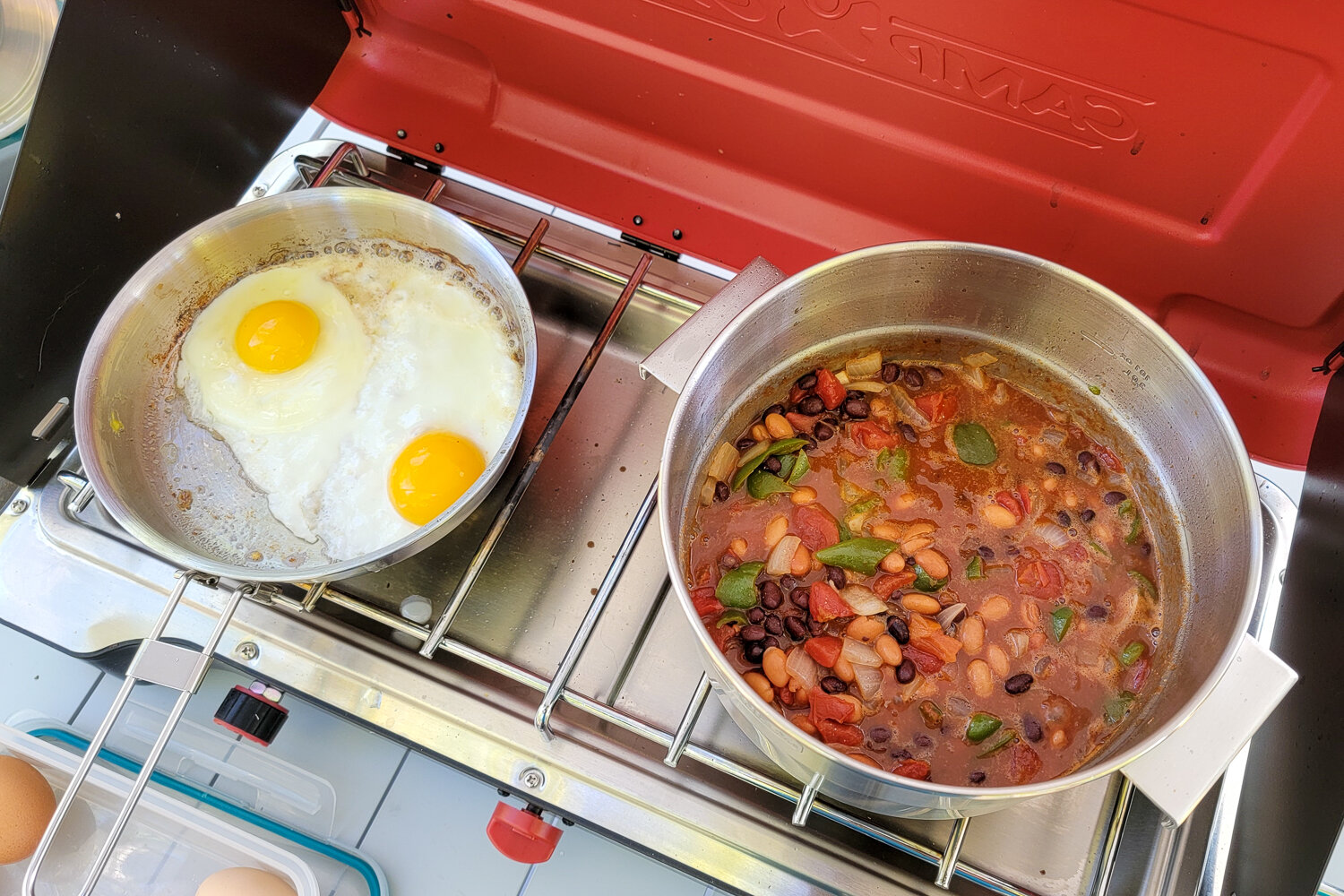 Making beans & eggs for breakfast in the Stanley Adventure Base Camp Cookset 4