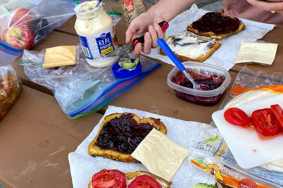 Making our own version of Monte Cristo sandwiches with leftover French toast