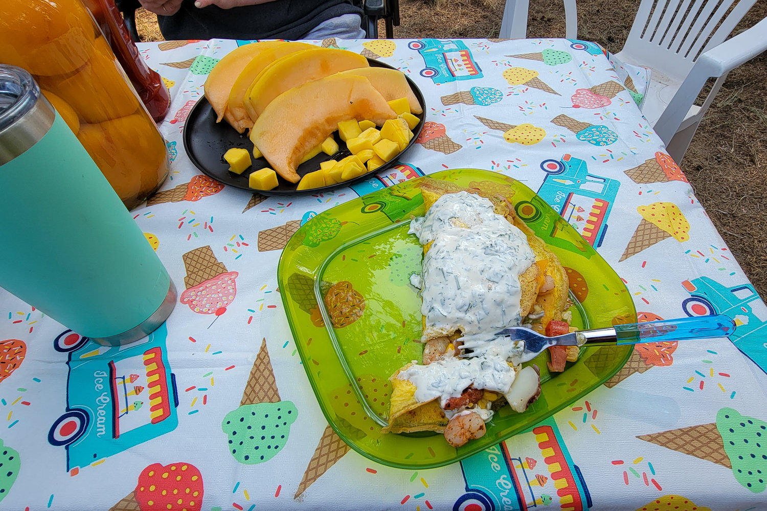 An omelet made from low-boil leftovers with Cilantro Lime Crema sauce