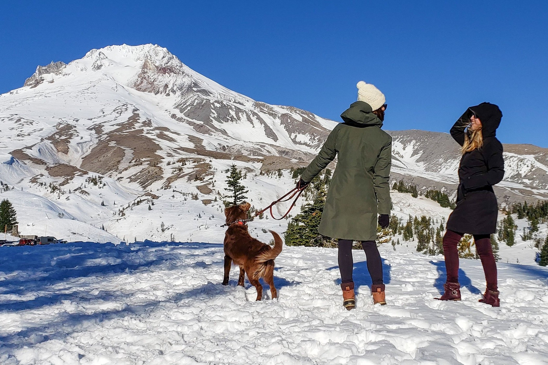 Two women and a dog in the snow in front of Mt. Hood