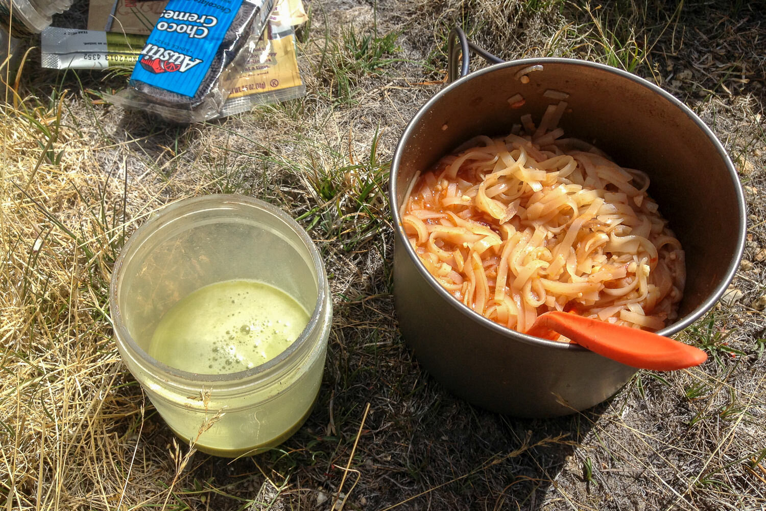 Backpacker Pad Thai and matcha (an empty peanut butter jar with a lid makes an excellent shaker for drink mixes)