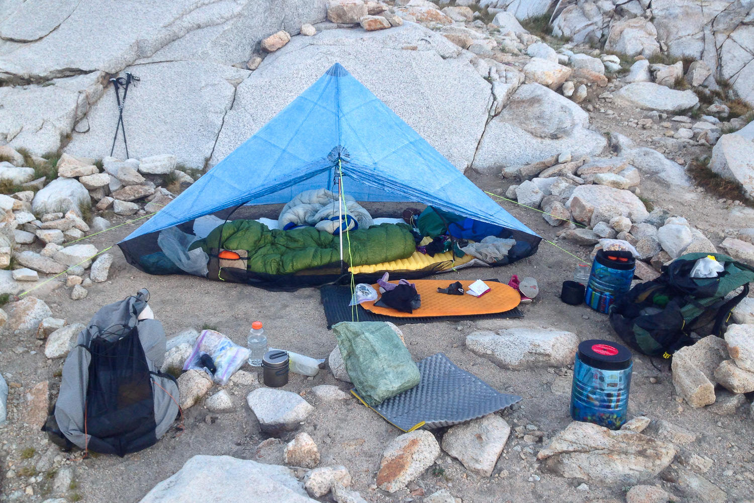 A Thru-hikers camp including: Zpacks Hexamid solo-plus (the older version of the Plexamid Tent), Therm-A-Rest Z-Seat & XLite Sleeping Pad, BearVault BV500 Bear Canisters, ULA Catalyst Backpack, ETC.