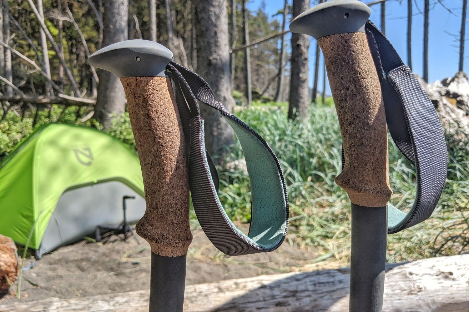 close up view of the cork handles on the Black Diamond Trail Ergo Cork trekking poles