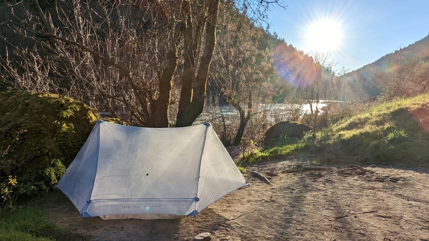 Gossamer Gear The DCF Two set up at sunset next to a river