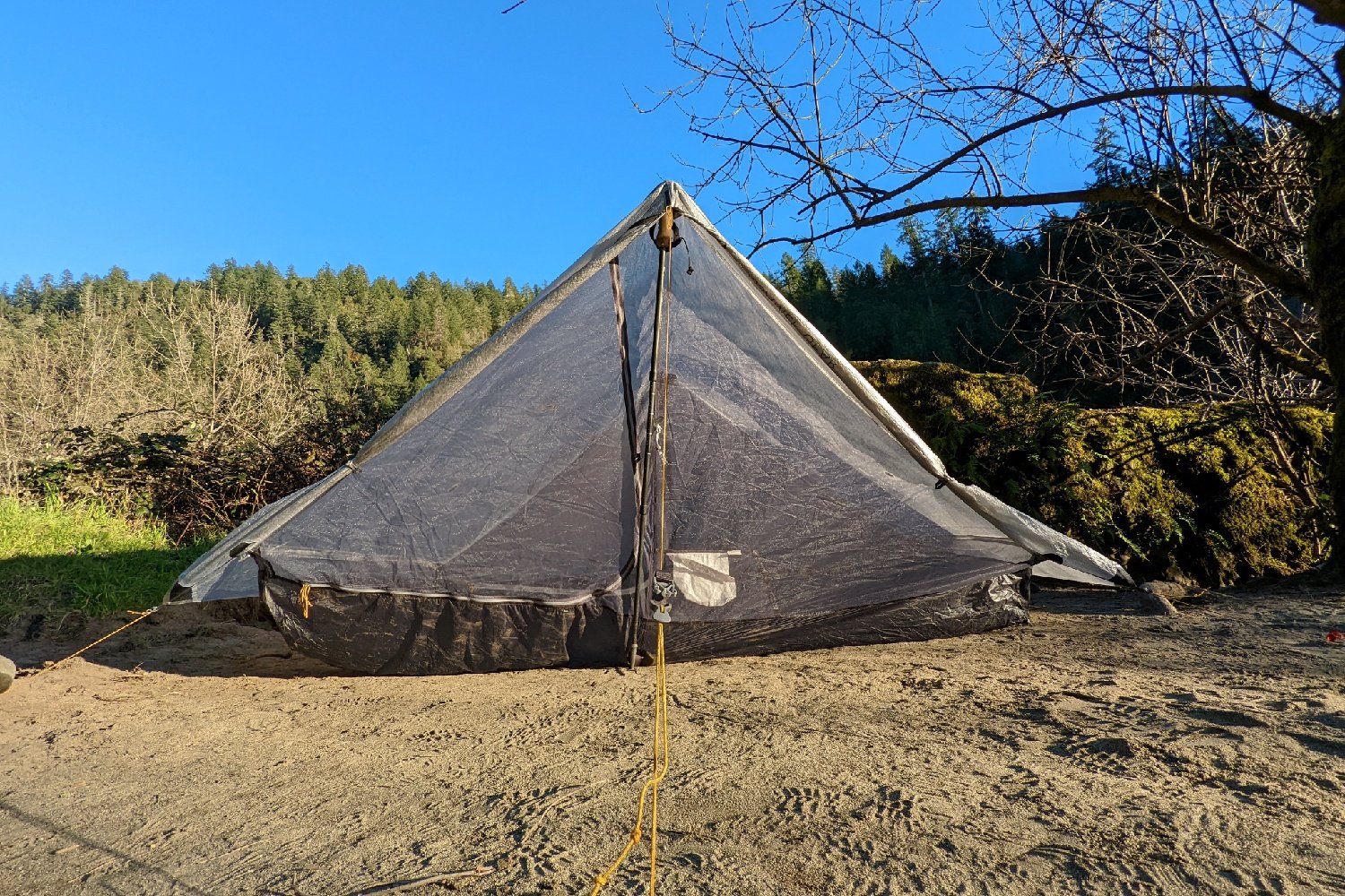The Gossamer Gear The DCF Two with the tarp doors tied back