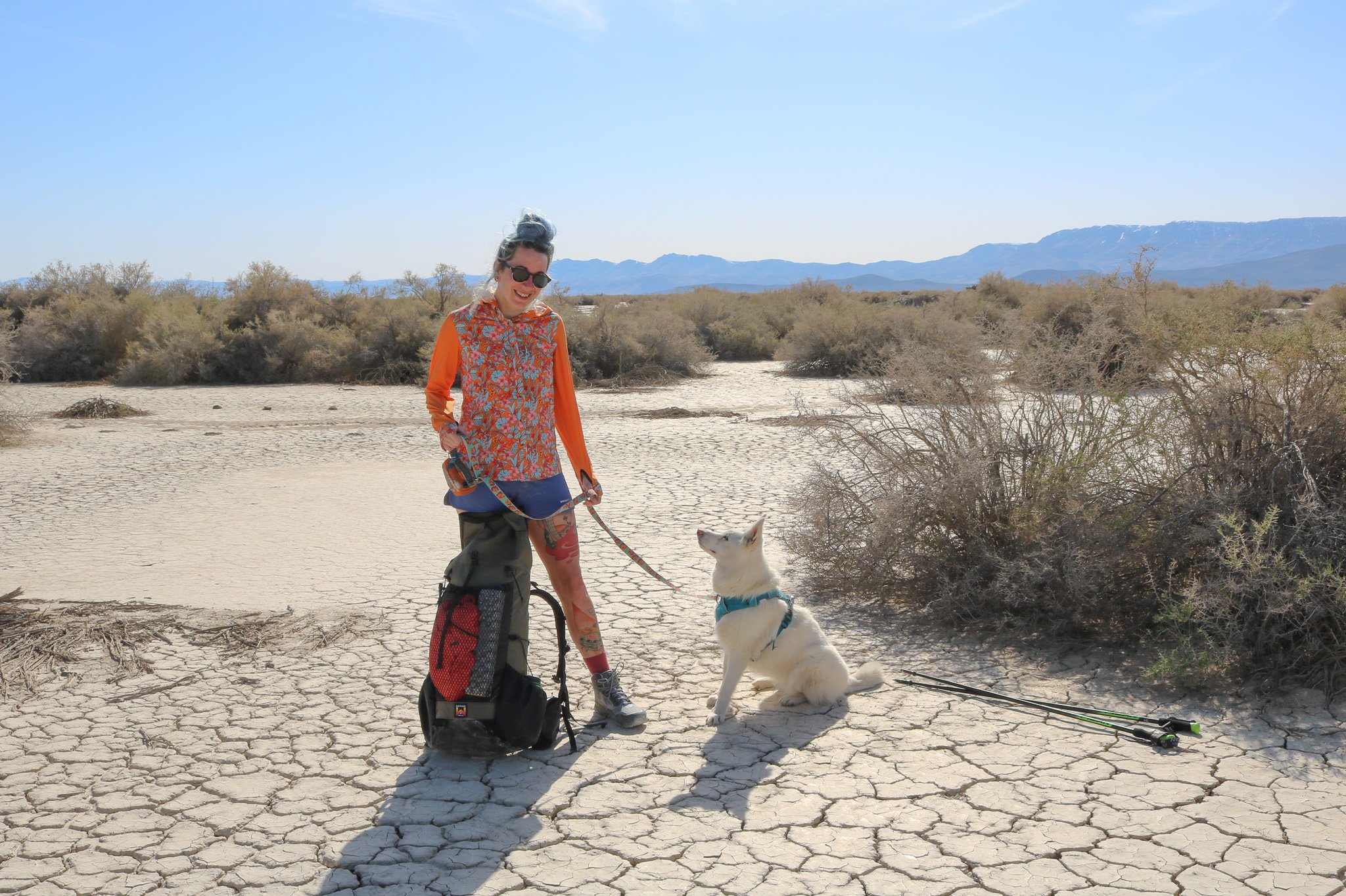 A hiker and her dog in the Alvord Desert