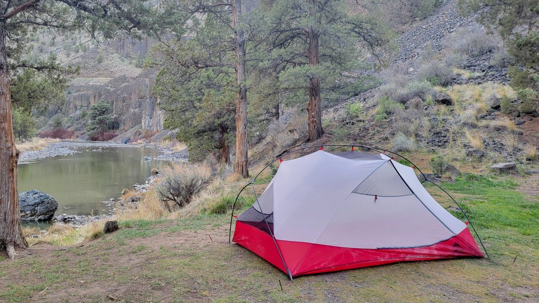 MSR Hubba Hubba 2 Tent set up in front of a river with no rainfly