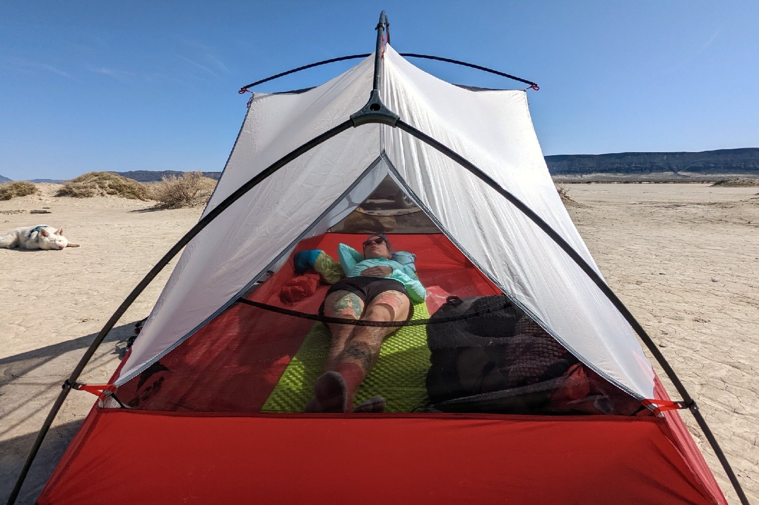 Close up of a tent from the narrow end looking in as a woman lays on a pad under a sunny sky.
