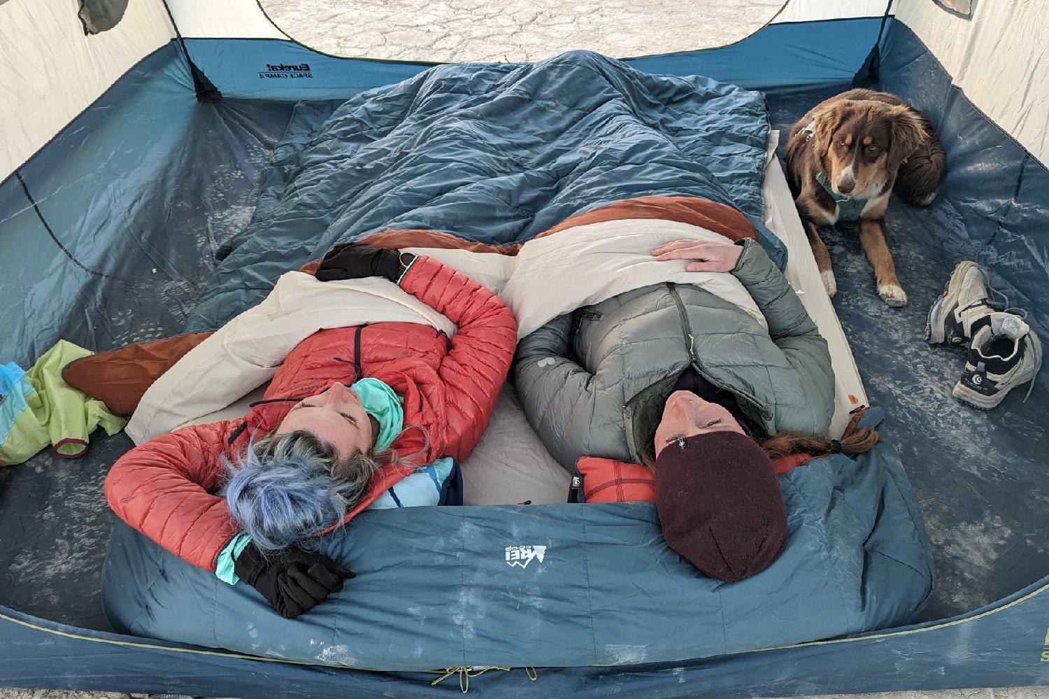 Top-down view of two people in the REI Camp Dreamer Double Sleep System