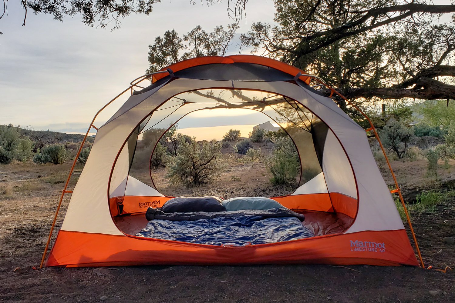 The Marmot Limestone 4P tent pitched under the partial shade of a tree