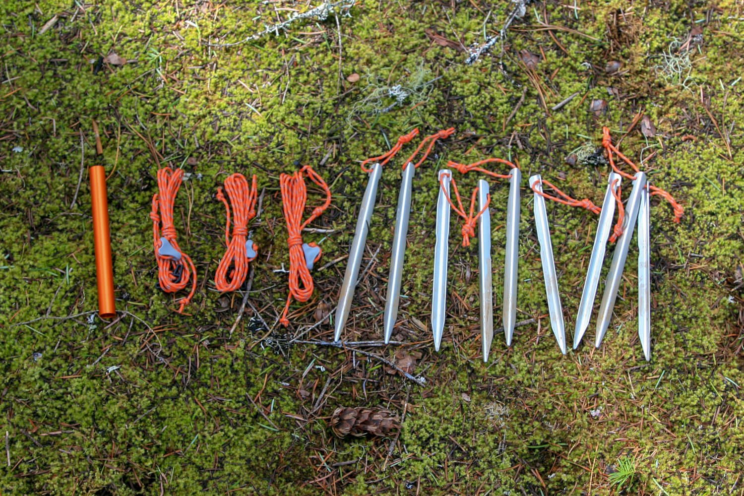 Closeup of tent stakes, guylines, and a tent pole splint