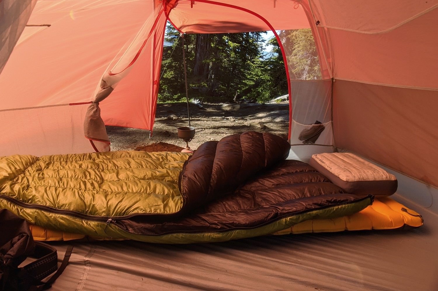 The Zpacks Classic Sleeping Bag sitting open inside a tent