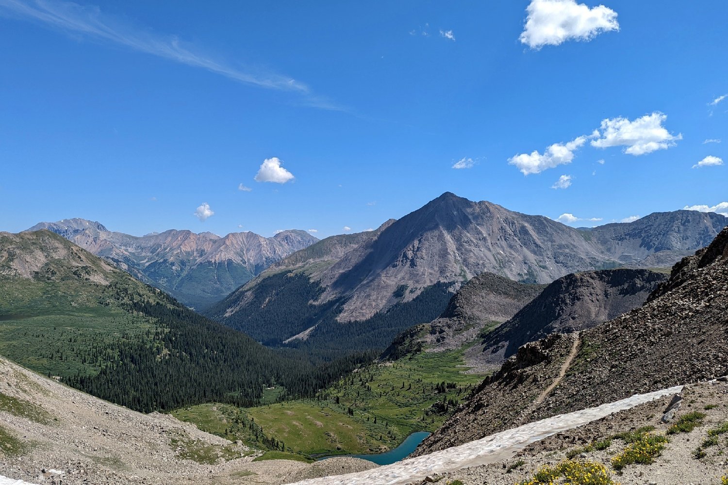 A view of several peaks from a mountain pass on the Colorado Trail