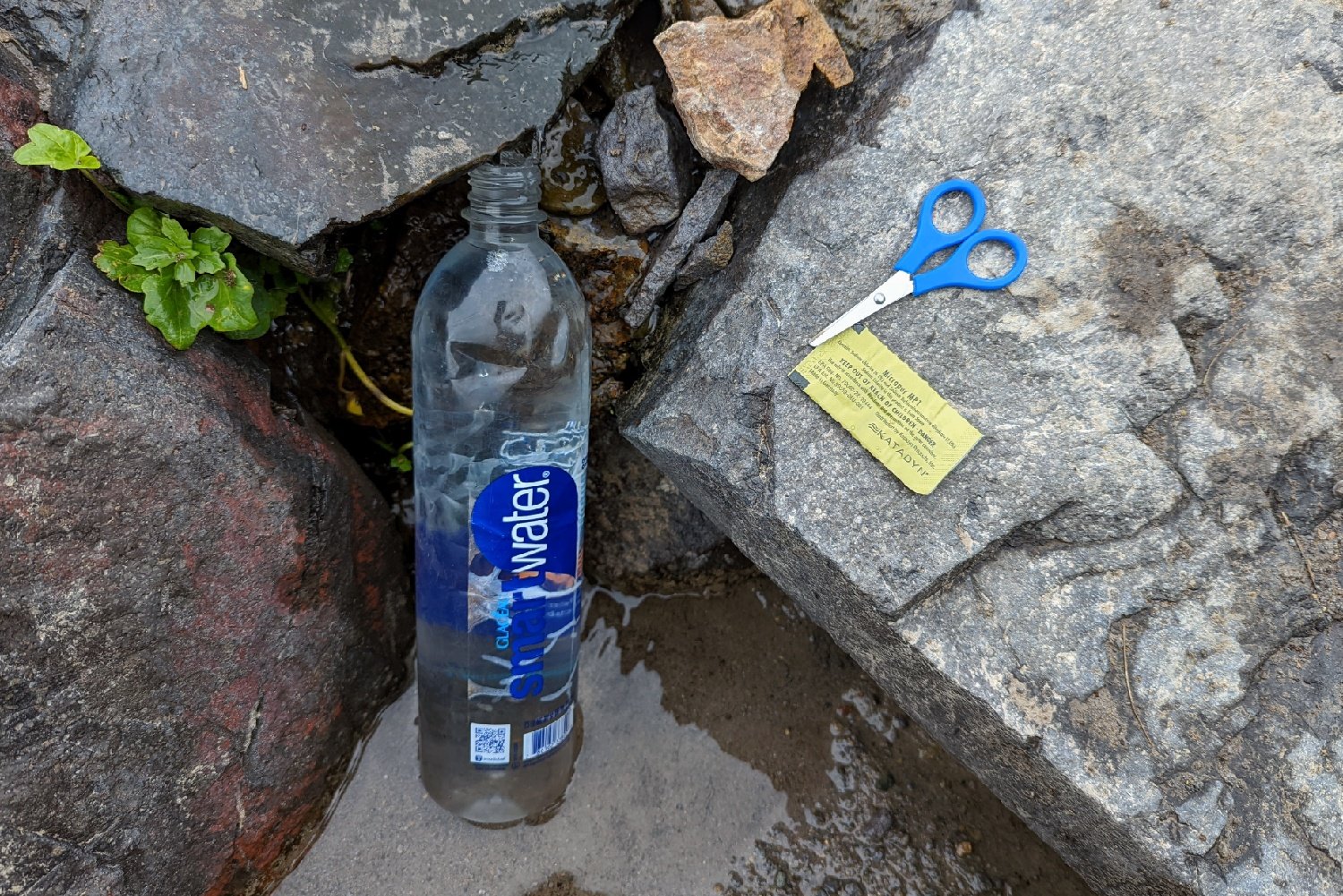 A Smartwater Bottle getting filled by a stream with some Katadyn Micropur Tablets and mini scissors next to it