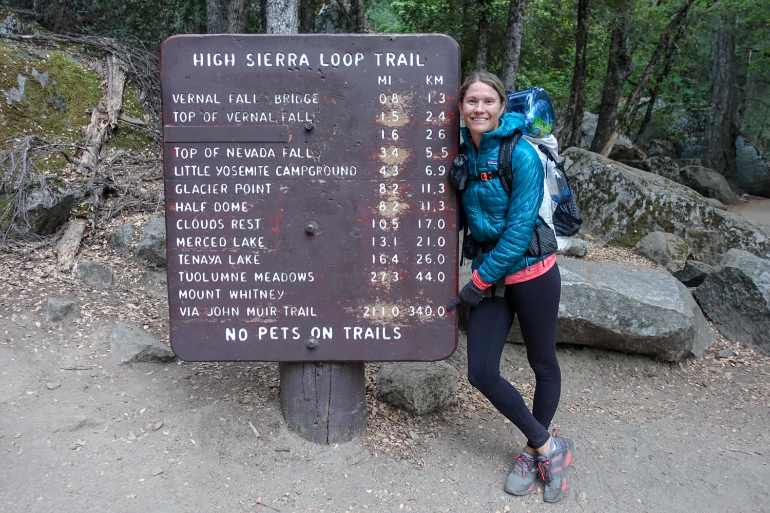Backpacker pointing to a sign denoting mileage and kilometers for the High Sierra Loop