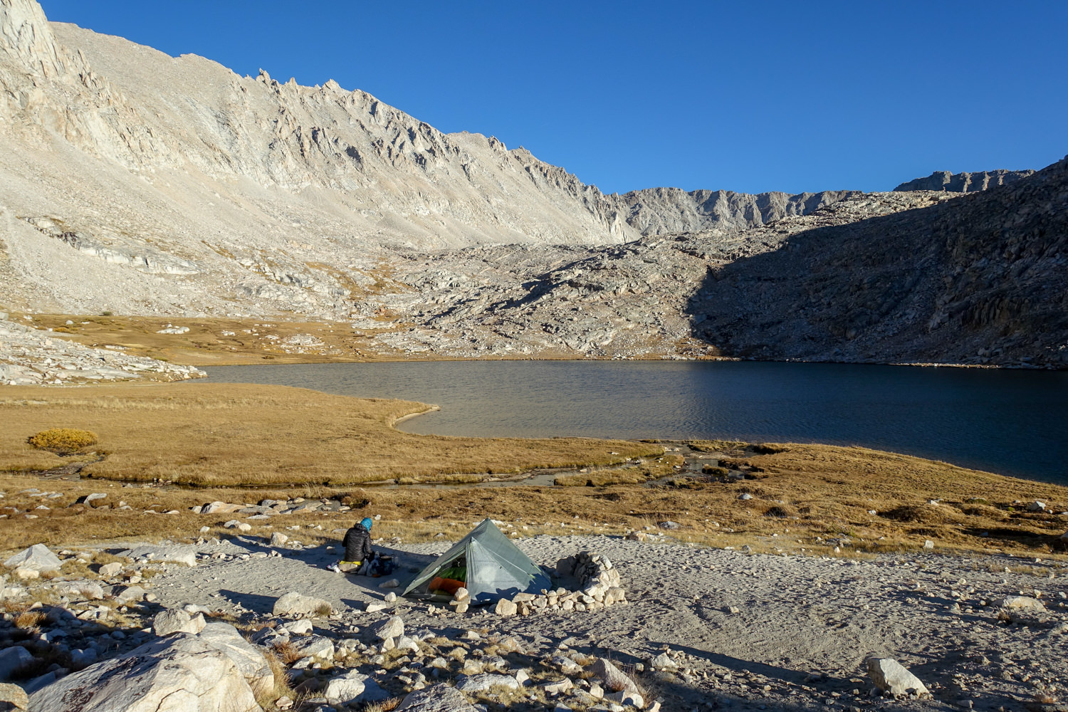 camping near a lake in a high sierra basin on the John Muir Trail.