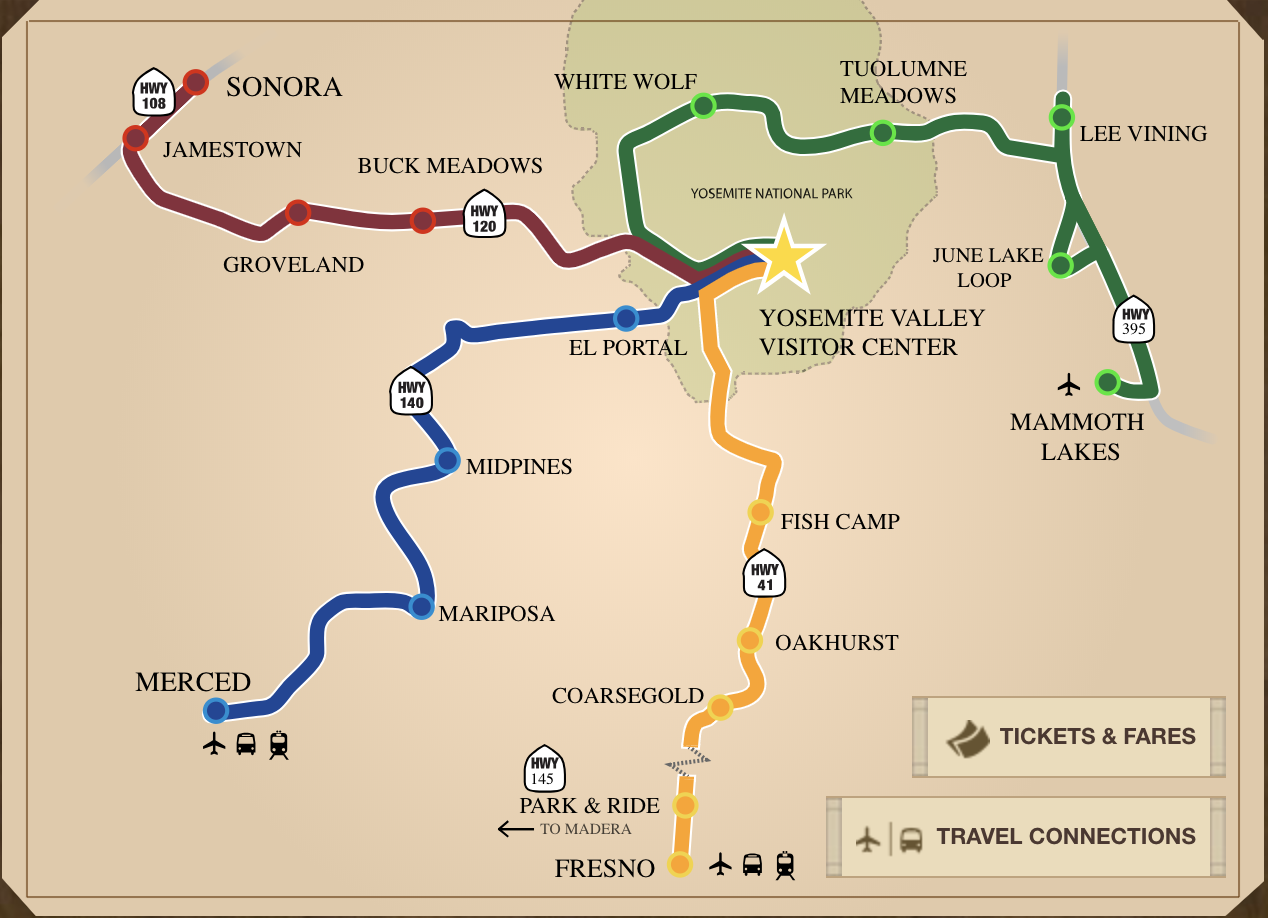 overview map of YARTS public transportations stops in the Sierra Nevada area.
