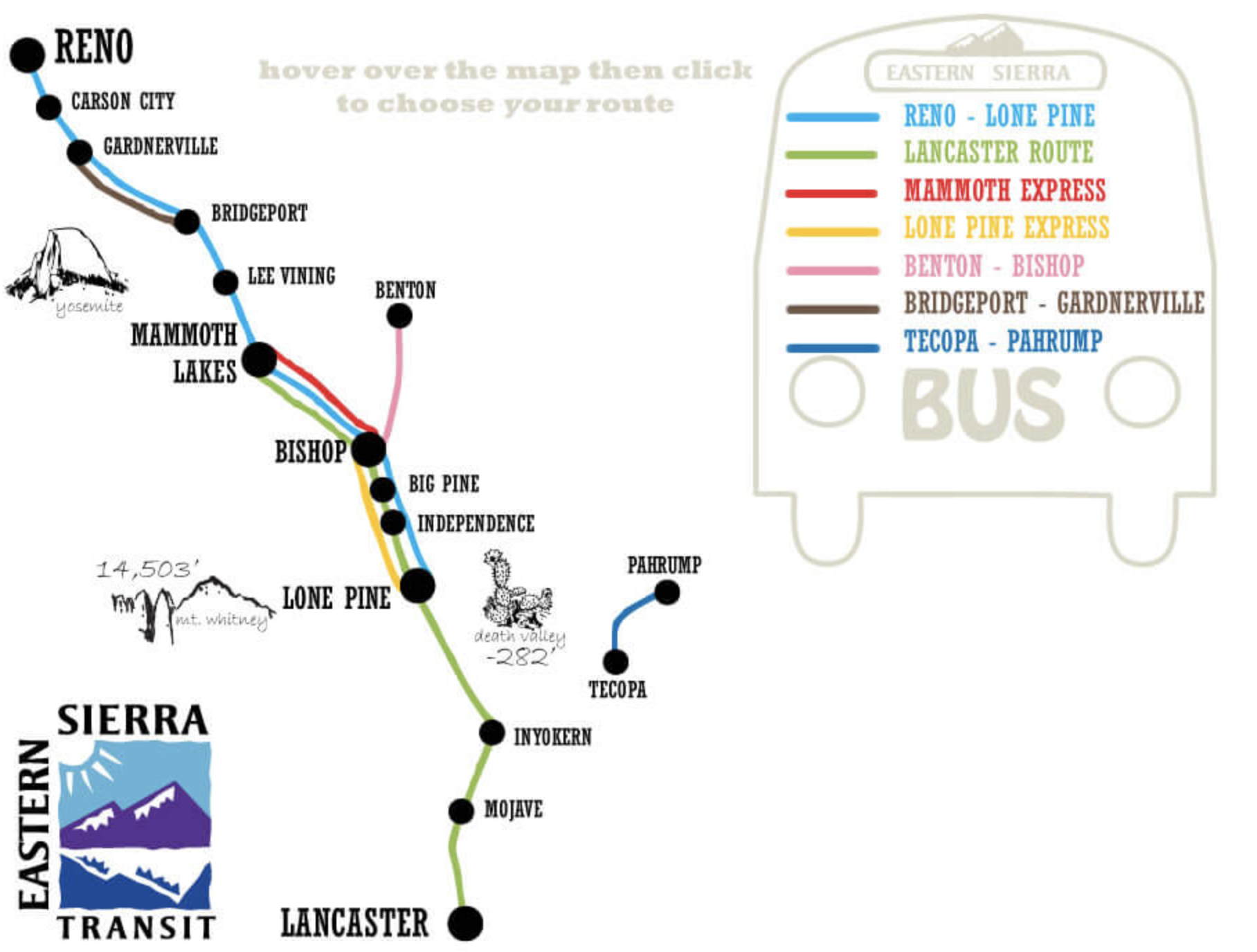 overview map of bus stops for the eastern sierra public transit. 