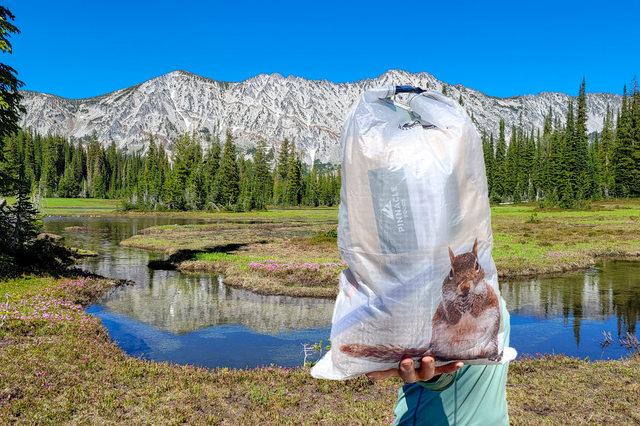 Closeup of a custom printed Hilltop Food Bag with a mountain lake in the background